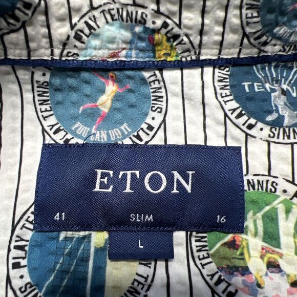 Eton Tennis Pattern Short Sleeve Seersucker Popover Shirt Mens Large Slim RARE - Picture 4 of 9